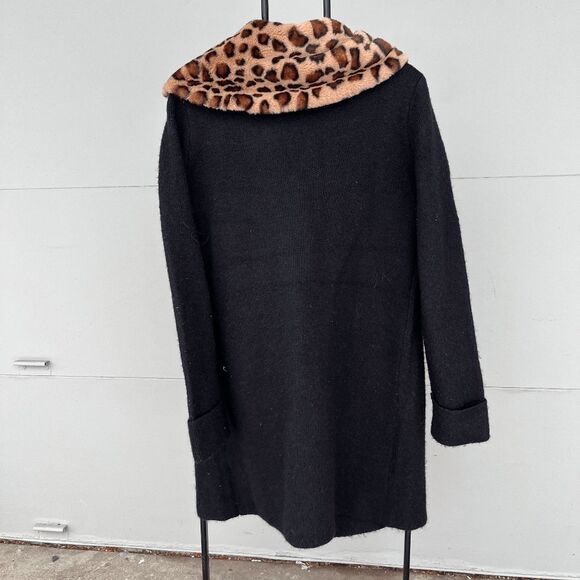 Ellen Tracy Wool-Blend Duster Coat Removable Faux Fur Leopard Collar SZ L - Picture 7 of 8